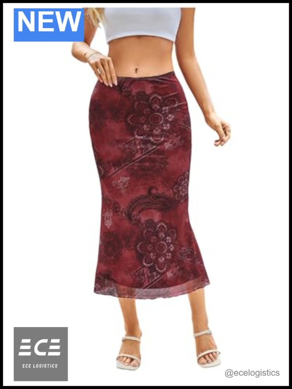 BEAUDRM Women's Floral Midi Skirt Boho Mesh High Waisted Bodycon Summer Skirt